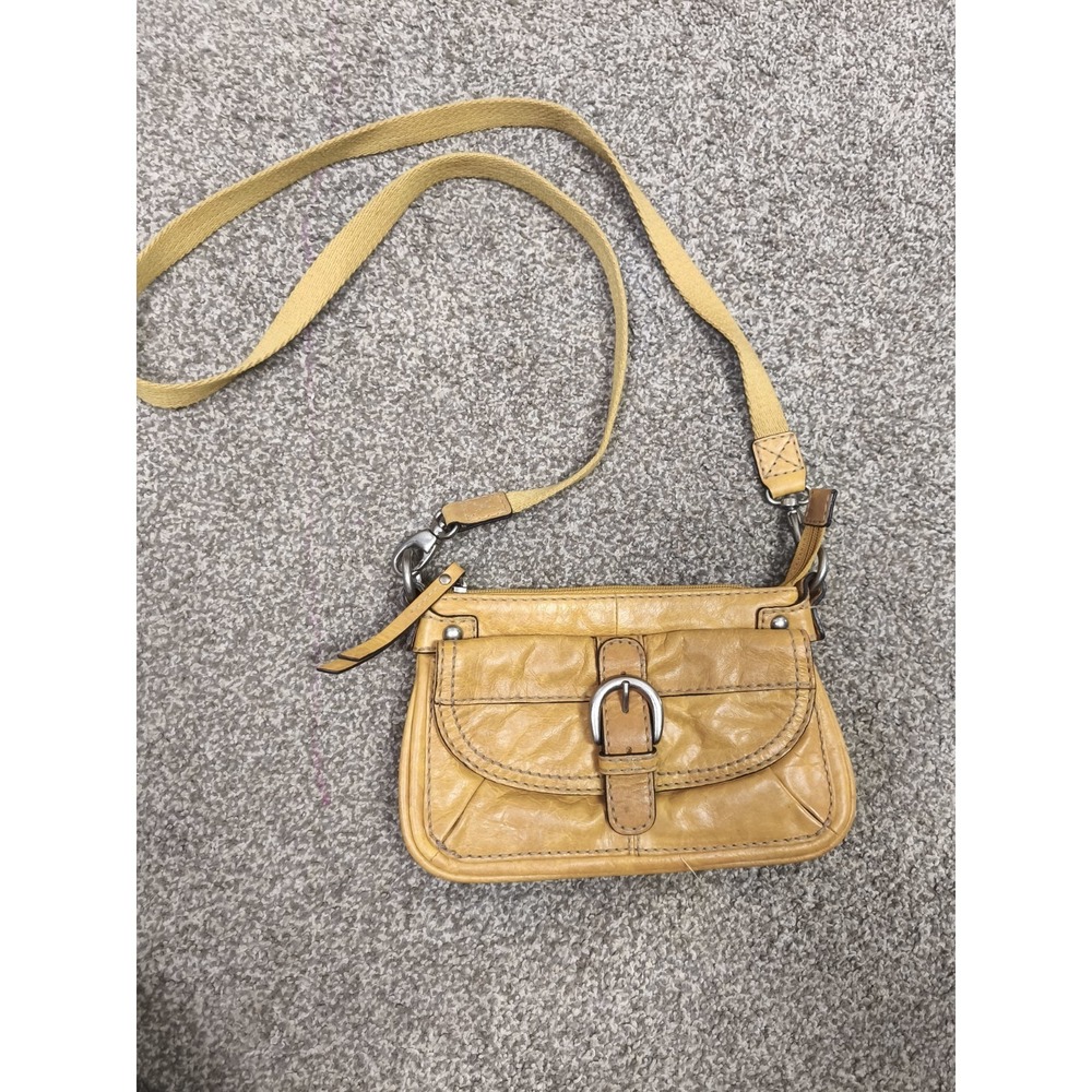 Fossil‎ Mustard Yellow Leather Canvas Crossbody Bag Small Buckle Flap Purse